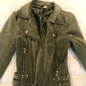 Olive green genuine leather/suede moto jacket